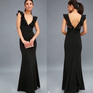 Lulus New Perfect Opportunity Black Ruffle V Neck Sleeveless Full Length Gown L
